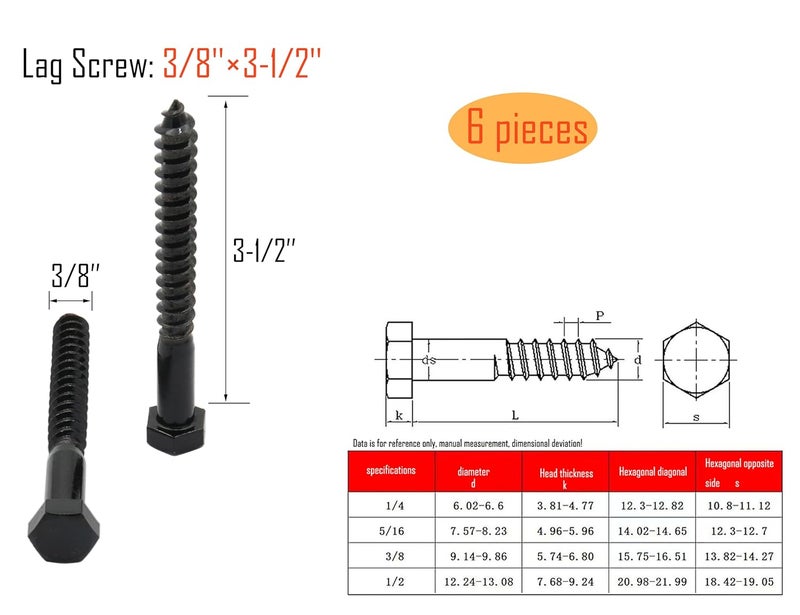 LBY 6pcs Lag Screws, 3/8" x 3-1/2" Hex Head Lag Screws Bolts (with Washers), Heavy-Duty Wood Screws for Decking & Structural Fastening, 304 Stainless Steel, (Black) - Image 3